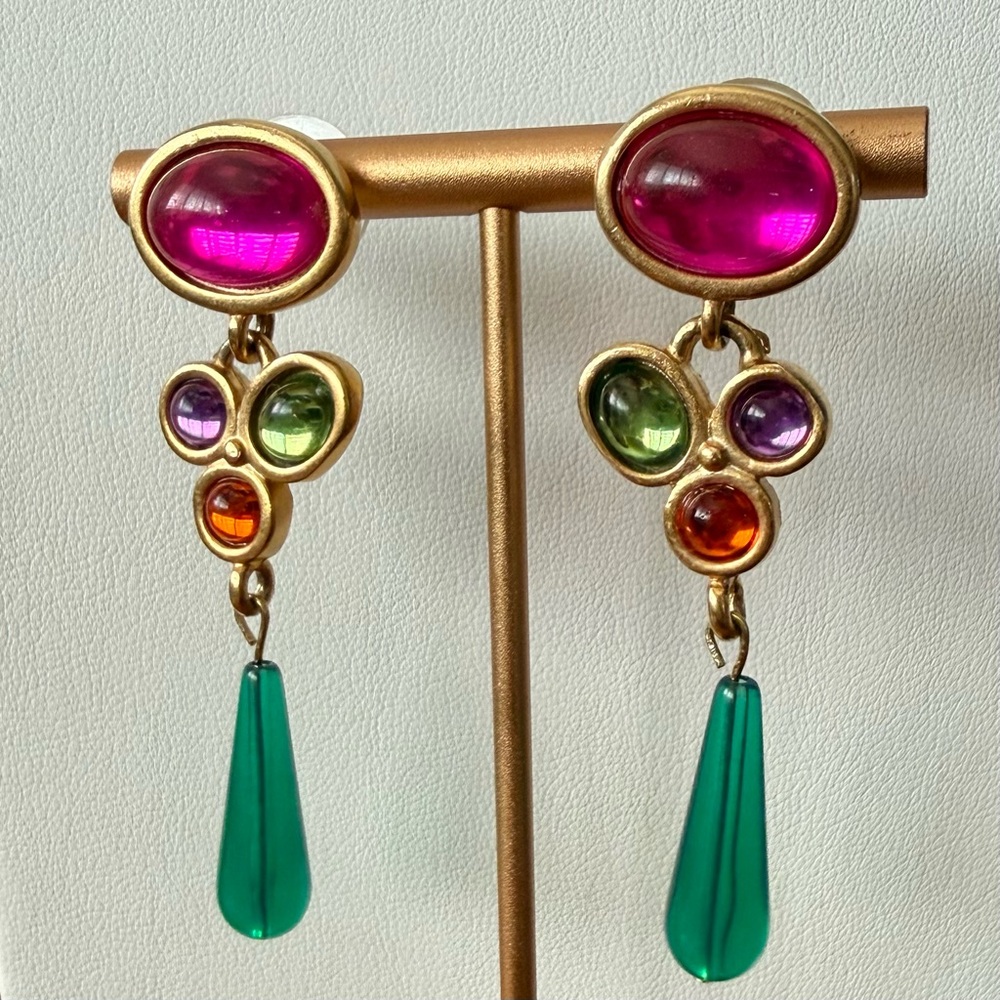 Vintage 80s Acrylic Matte Gold Dangle Cabochon Pierced Earrings Multicolor Drop